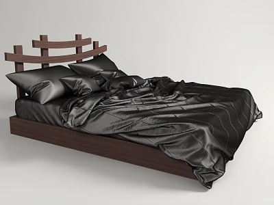 Modern Wooden Double Bed With Crossed Slat Headboard And Black Silky Bedspread 3d model