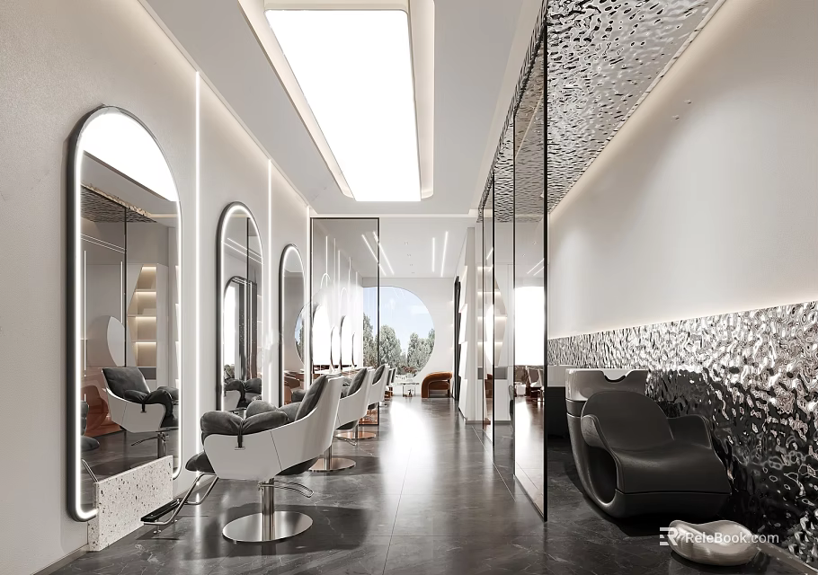 Modern Beauty Salon Interior With Stylish Mirrors Comfortable Chairs And Elegant Lighting Design 3d model 