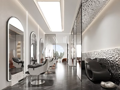 Modern Beauty Salon Interior With Stylish Mirrors Comfortable Chairs And Elegant Lighting Design 3d model