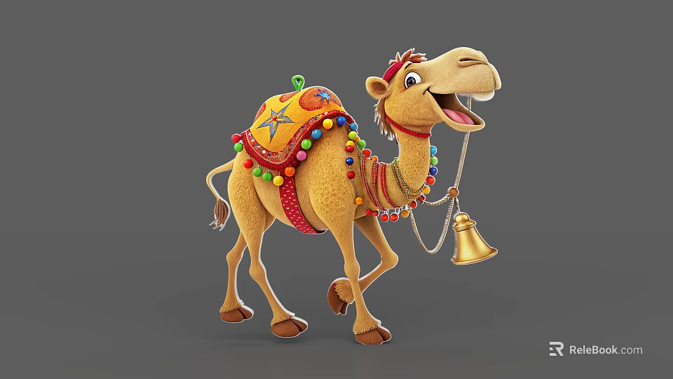 Cartoon Camel Game Movie Character With Happy Expression Colorful Beads Bell And Star Saddle 3d model 