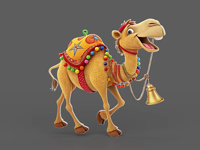 Cartoon Camel Game Movie Character With Happy Expression Colorful Beads Bell And Star Saddle 3d model