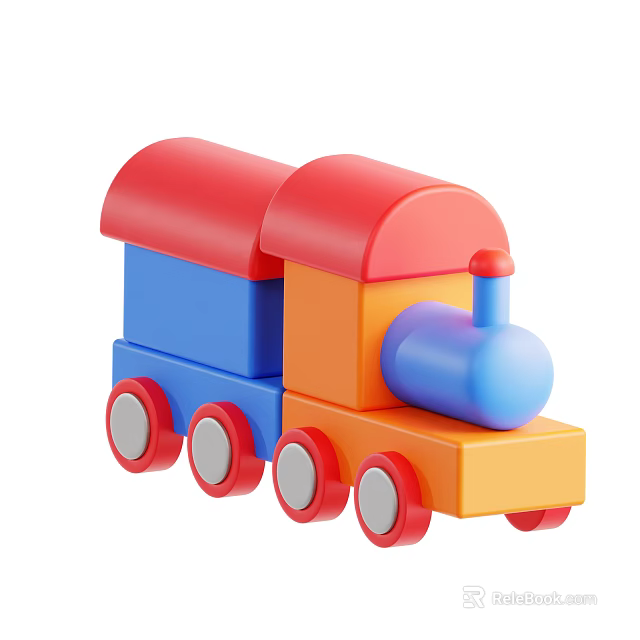 Colorful Toy Train With Red Roof Blue Orange Carriages Red Wheels And Blue Chimney 3d model 