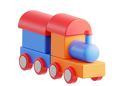 Colorful Toy Train With Red Roof Blue Orange Carriages Red Wheels And Blue Chimney 3d model