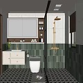Modern Bathroom Interior With Green Tiles White Toilet Vanity Mirror And Checkered Floor