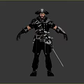 Mechanical Pirate Game Movie Character in Black Outfit with Hat and Sword