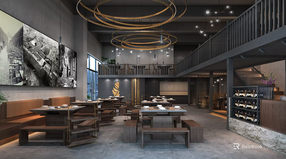 Modern Industrial Style Hotpot Restaurant With Two story Space Golden Circular Pendant Lights And Wooden Tables 3d model 