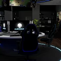 Modern Hi tech Internet Cafe Interior With Round Gaming Table Multiple Screens And Neon Lights 3d model