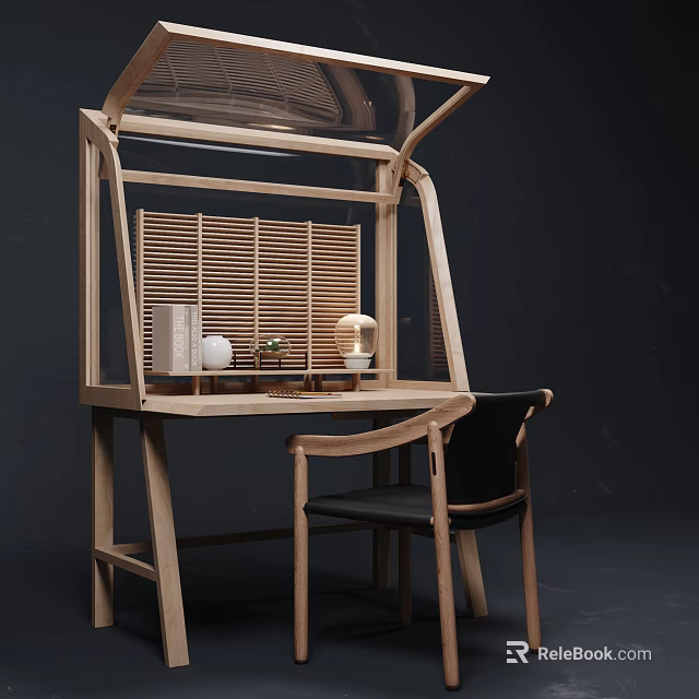 Modern Wooden Dressing Table With Minimalist Shutter Design Table Lamp And Chair 3d model 