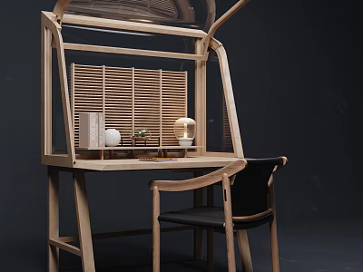 Modern Wooden Dressing Table With Minimalist Shutter Design Table Lamp And Chair 3d model
