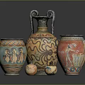 Ancient Painted Pottery Display With Decorative Vases Small Jars And Figurine Patterns 3d model