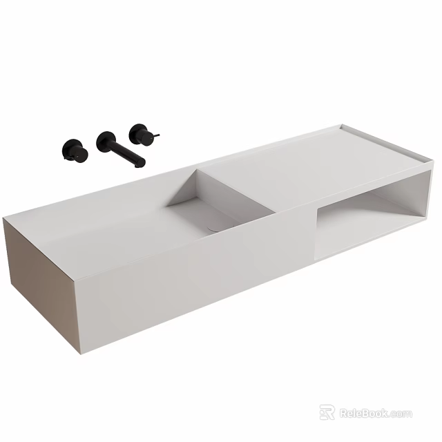 Modern White Rectangular Wash Basin With Sleek Design And Black Faucet Handles 3d model 