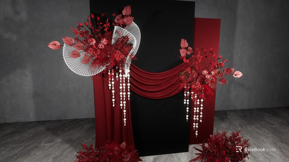 Elegant Floral Decor With Red Flowers Black Backdrop Red Drapery White Fans And Beaded Tassels 3d model 