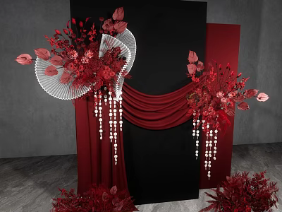 Elegant Floral Decor With Red Flowers Black Backdrop Red Drapery White Fans And Beaded Tassels 3d model