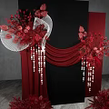Elegant Floral Decor With Red Flowers Black Backdrop Red Drapery White Fans And Beaded Tassels