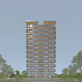 Modern High Rise Residential Building With Balconies Surrounded By Trees Under Clear Sky