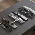 Various Smart Door Locks With Keypad And Fingerprint On Wooden Tabletop
