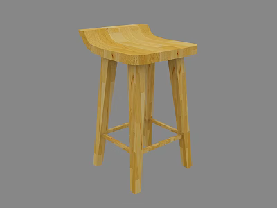 Wooden Bar Stool With Curved Seat And Light Wood Four Legs Simple Design 3d model