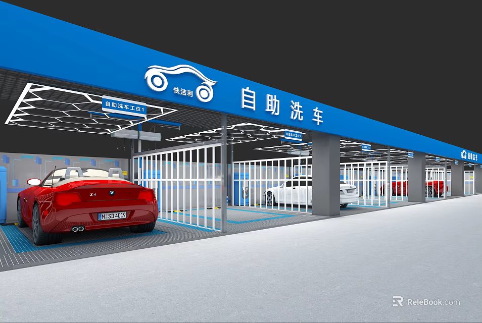 4S Shop Self Service Car Wash With Blue Canopy Red Car And Washing Bays Equipment 3d model 