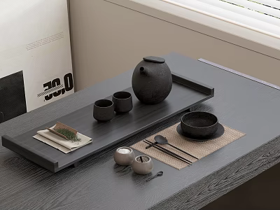 Minimalist Black Tea Set with Teapot Cups Bowl Tray and Accessories on Wooden Table 3d model