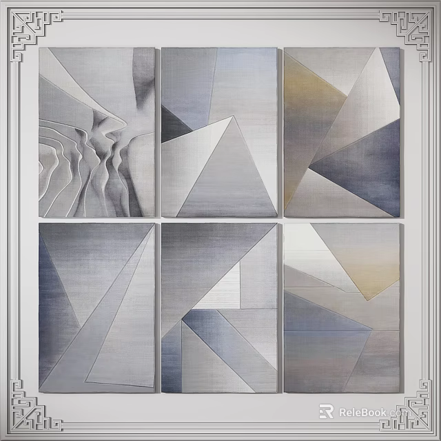 Modern Square Carpet with Abstract Geometric Patterns in Gray Blue and Gold Tones 3d model 