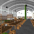 Spacious Café Interior With Arched Ceiling Hanging Pendant Lights Wooden Long Tables And Shelves