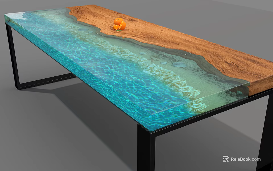 Modern Dining Table With Wooden And Glass Ripple Design Featuring Blue Tones And Orange Decor 3d model 