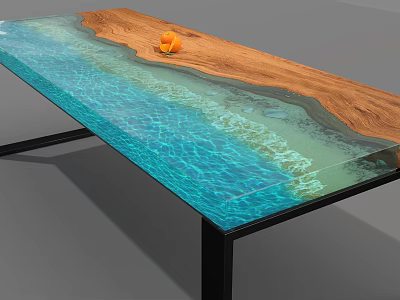 Modern Dining Table With Wooden And Glass Ripple Design Featuring Blue Tones And Orange Decor 3d model