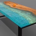 Modern Dining Table With Wooden And Glass Ripple Design Featuring Blue Tones And Orange Decor