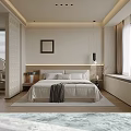 Modern Bedroom Interior With White Bedding Decorative Painting Window Curtains And Rug