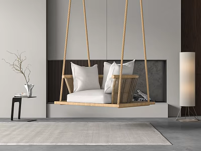 Wooden Rattan Swing Chair With White Cushions Small Table And Floor Lamp In Living Room 3d model