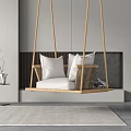 Wooden Rattan Swing Chair With White Cushions Small Table And Floor Lamp In Living Room