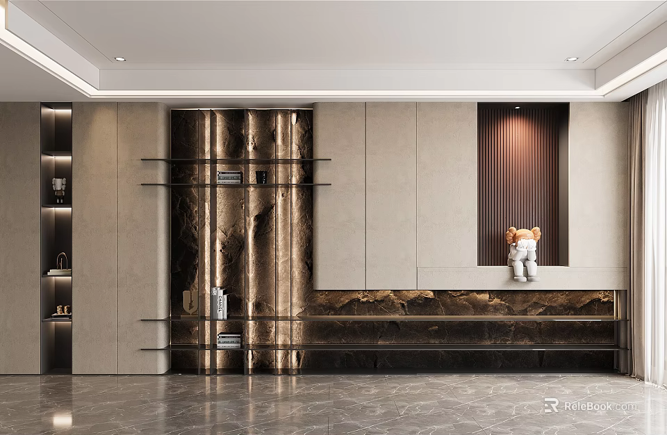 Elegant Modern Decorative Cabinet With Golden Stripes Marble Surface Open Shelves And Decorations 3d model 