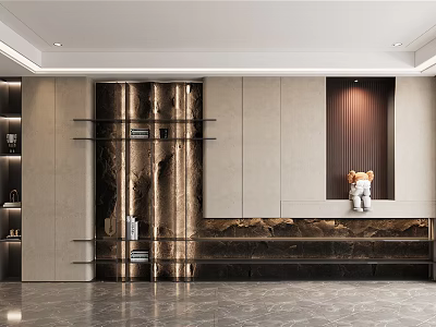 Elegant Modern Decorative Cabinet With Golden Stripes Marble Surface Open Shelves And Decorations 3d model