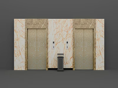 Elevator Interior With Double Golden Decorative Doors And Marble Wall Panels 3d model