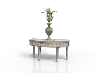 Light Colored Wooden Table With Drawers And Decorative Green Vase Holding Fern Plant 3d model