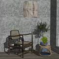 Rattan Leisure Chair with Wooden Armrests by Gray Wall Small Table Olive Tree Blue Cushion