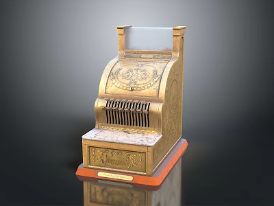Vintage Cash Register Brass Body With Ornate Carvings And Wooden Base 3d model