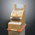 Vintage Cash Register Brass Body With Ornate Carvings And Wooden Base