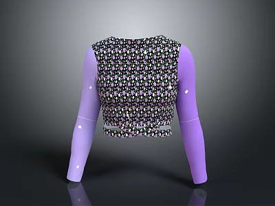 Cropped Women's Top with Black Base Colorful Small Patterns and Purple Long Sleeves 3d model