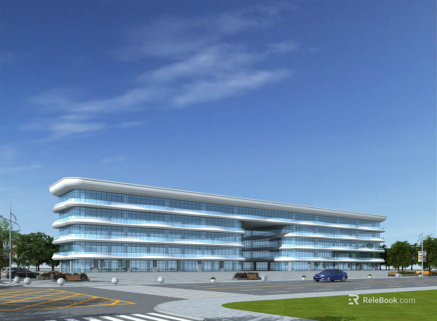 Modern Commercial Complex With Glass Facade Multi Storey Building Surrounding Roads And Green Spaces 3d model 