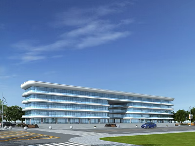 Modern Commercial Complex With Glass Facade Multi Storey Building Surrounding Roads And Green Spaces 3d model