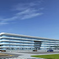 Modern Commercial Complex With Glass Facade Multi Storey Building Surrounding Roads And Green Spaces