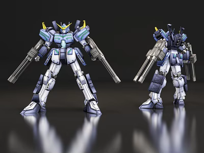 Blue White Gray Mecha Robot Model With Yellow Accents Large Weapons Dual Display Reflective Surface 3d model