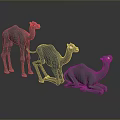 Gray Camel Figurines In Different Poses Standing And Kneeling On Dark Background