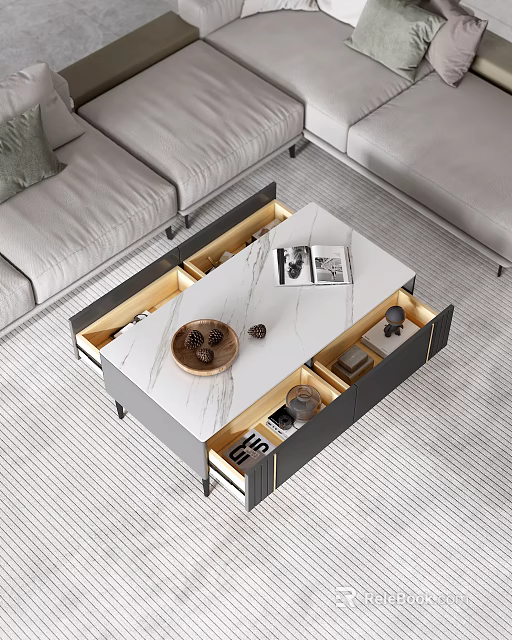 Modern Marble Top Coffee Table With Open Drawers Storage And Decorative Items 3d model