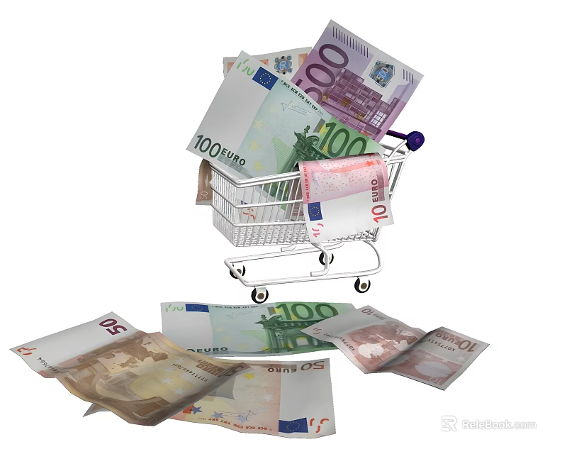 Daily Necessities Shopping Cart Filled With Euro Banknotes And Scattered Around 3d model 