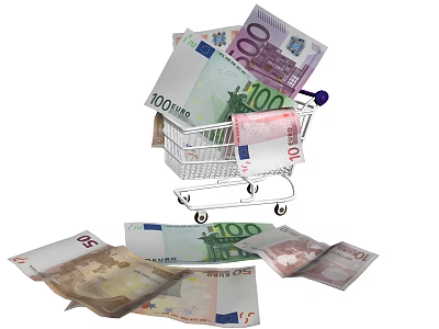 Daily Necessities Shopping Cart Filled With Euro Banknotes And Scattered Around 3d model