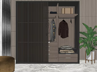 Modern Wardrobe Interior With Vertical Slat Doors Hanging Area Drawers And Folded Clothes 3d model