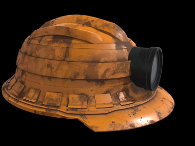 Orange Safety Hat With Worn Texture Striped Design And Attached Black Headlamp 3d model