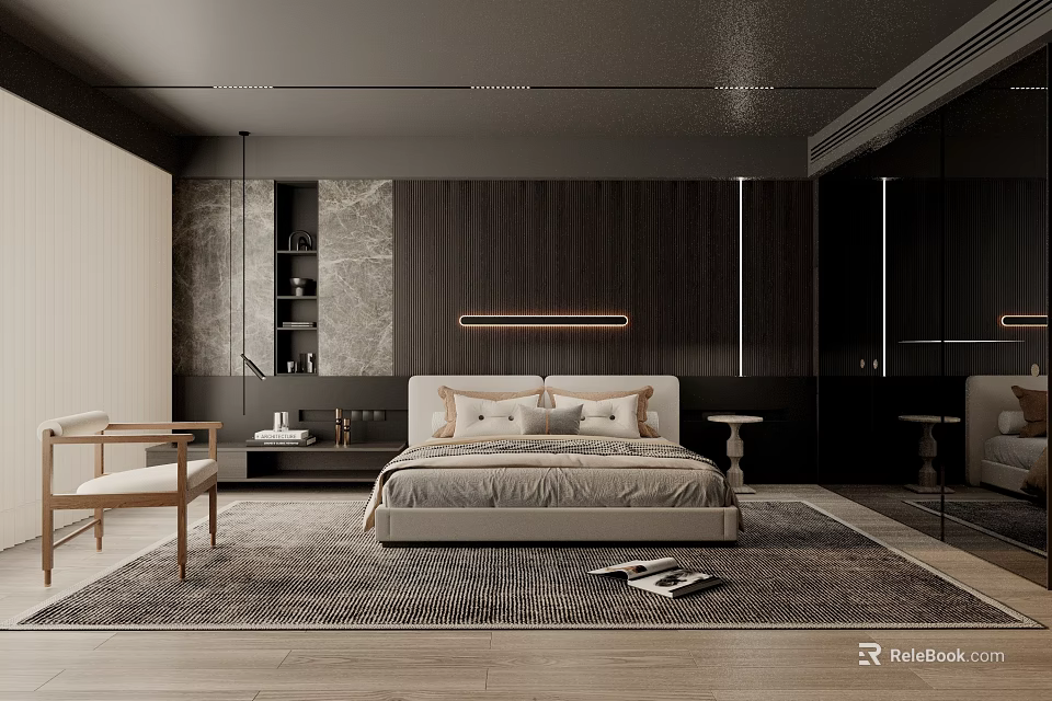 Modern Bedroom Interior With Dark Ceiling Wooden Wall Beige Bed Nightstands And Patterned Rug 3d model 